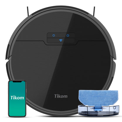 Robot vacuum cleaner, Tikom G8000 robotic vacuum with mopping function, 2700Pa suction power, Wi-Fi, for pet hair, carpets, and hard floors, Black