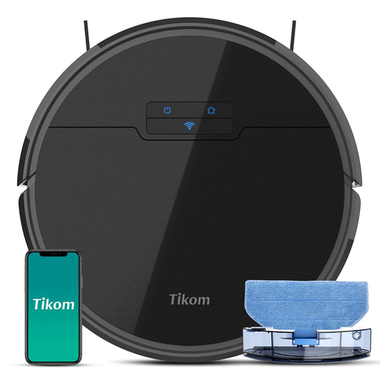 Robot vacuum cleaner, Tikom G8000 robotic vacuum with mopping function, 2700Pa suction power, Wi-Fi, for pet hair, carpets, and hard floors, Black