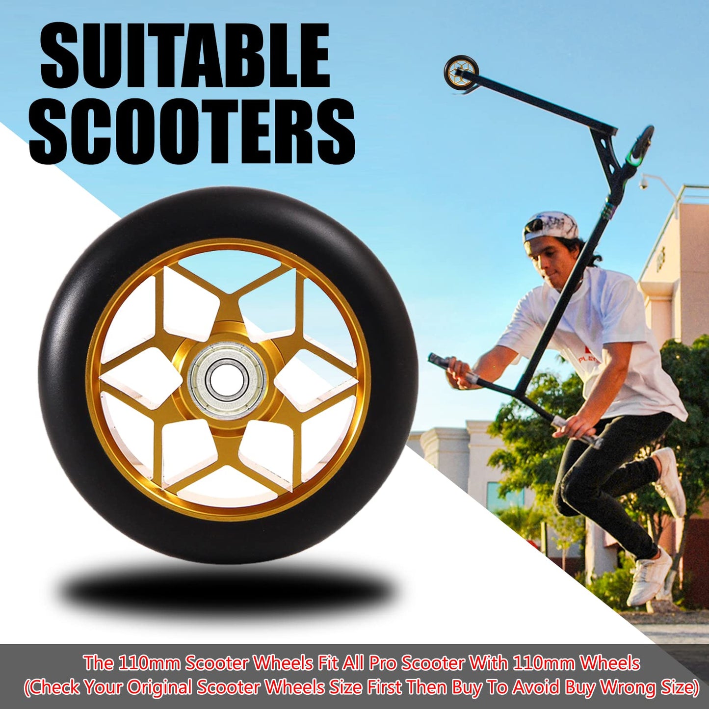 Stunt scooter wheels 110mm, stunt scooter tires 110mm, 110mm scooter wheels gold, stunt scooter wheels gold, 2 pieces freestyle scooter replacement wheels 110mm for chilli Cox Fuzion freestyle.