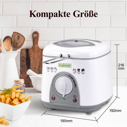 Augosma Mini Deep Fryer With Oil | 850-950W | Capacity: 1 Liter | Viewing Window | Stainless Steel Frying Basket | Adjustable Temperature | Heat Insulated | Non-Slip Rubber Feet | White