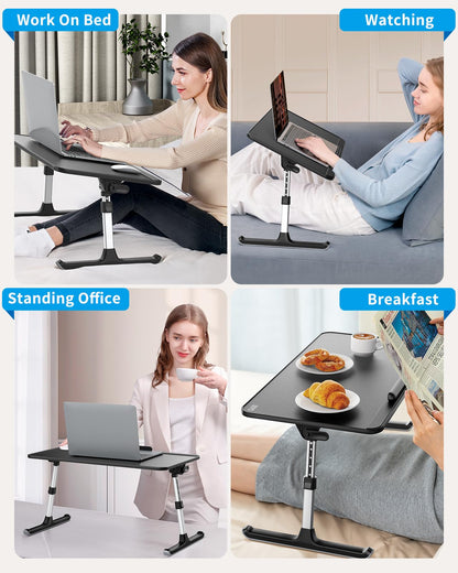 "SAIJI Laptop Table for Bed, Adjustable Height, Angle, Folding Legs, Sled Feet, PVC Leather Tabletop, Compatible with Laptops up to 17 Inches (Black, 52*30cm)"