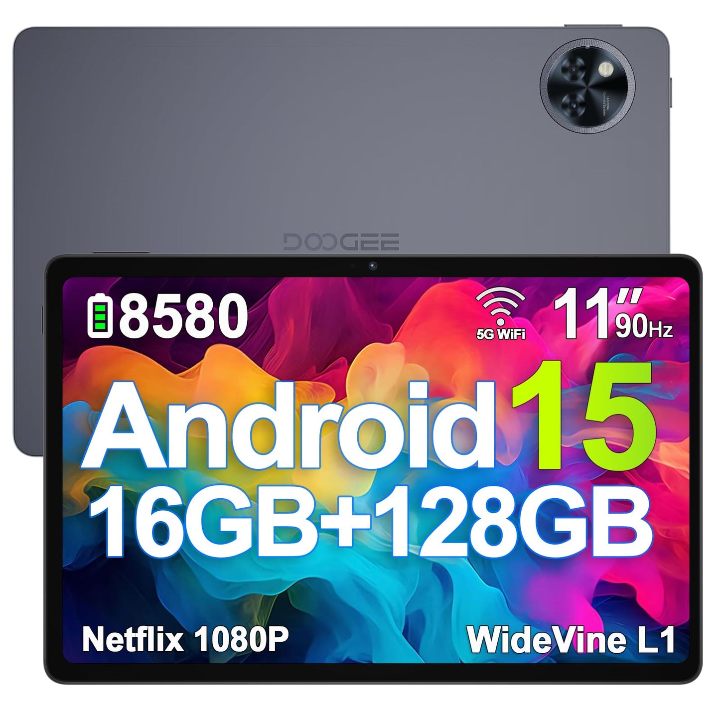 DOOGEE U11 Android 15 Tablet 11-inch with 16GB RAM + 128GB ROM (expandable up to 2TB) and 8580mAh battery. Features 13MP+5MP cameras, Octa-Core processor, 2.4G+5G Wi-Fi, GMS/WidevineL1 support, 3.5mm Audio, GPS, Face ID, and OTG. [2025]