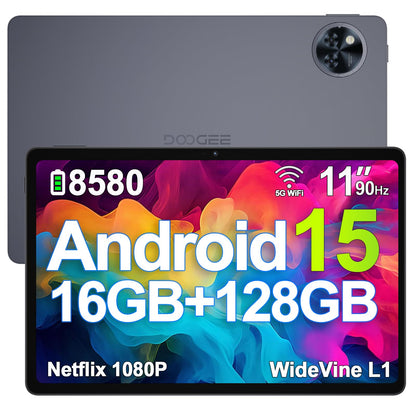 DOOGEE U11 Android 15 Tablet 11-inch with 16GB RAM + 128GB ROM (expandable up to 2TB) and 8580mAh battery. Features 13MP+5MP cameras, Octa-Core processor, 2.4G+5G Wi-Fi, GMS/WidevineL1 support, 3.5mm Audio, GPS, Face ID, and OTG. [2025]