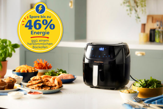 Russell Hobbs 4L Rapid AirFryer with small footprint, 7 cooking functions, and 10 programs. SatisFry is dishwasher safe, reaches up to 220°C, and is oil-free for frying, grilling, baking, and roasting. Model 27160-56.