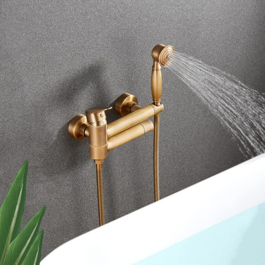 KOPYFANTAP Retro bathtub faucet with handheld shower brass antique, wall-mounted bathtub mixer tap shower set, 90° rotatable spout 15cm.