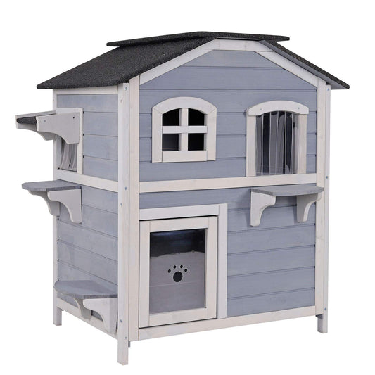 Lionto cat villa made of fir wood with bitumen roof for indoor and outdoor use, two-story cat house with steps, 80x55x90 cm, slatted curtain and windows, suitable for large cats, gray/white.