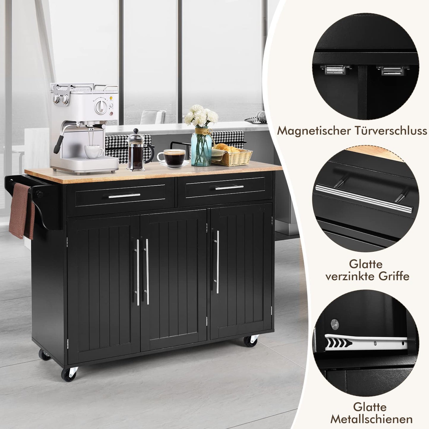 COSTWAY Kitchen Cart on Wheels, Kitchen Serving Trolley with Drawers, Kitchen Island Cart Buffet Cabinet Wood, Kitchen Cabinet with Countertop (Black)