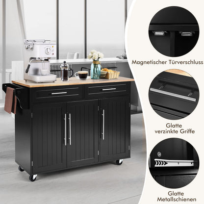 COSTWAY Kitchen Cart on Wheels, Kitchen Serving Trolley with Drawers, Kitchen Island Cart Buffet Cabinet Wood, Kitchen Cabinet with Countertop (Black)