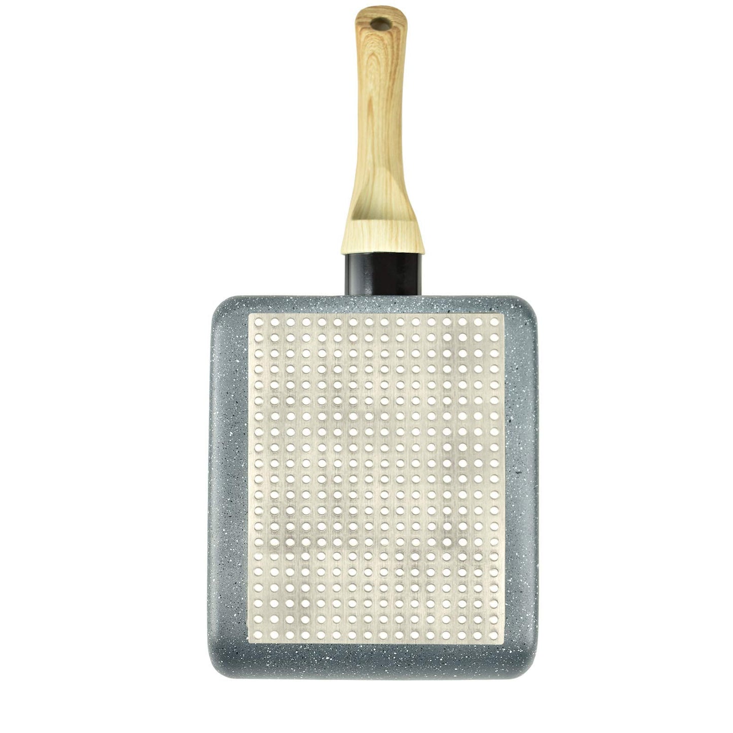 Artcome Japanese omelette pan with non-stick coating. Includes tamagoyaki plate, silicone spatula, and brush. Available in gray.