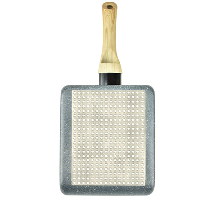 Artcome Japanese omelette pan with non-stick coating. Includes tamagoyaki plate, silicone spatula, and brush. Available in gray.