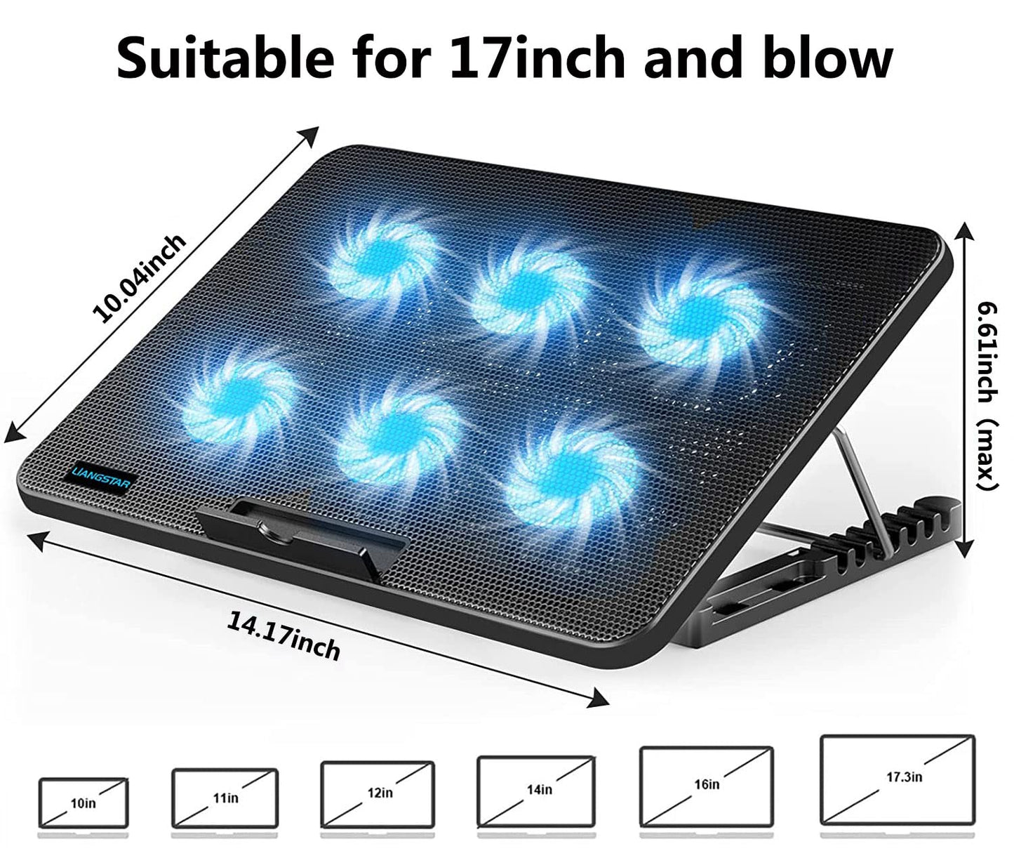 LIANGSTAR Cooler, 6 Quiet Fans Gaming Cooler Cooling Pads, 7 Adjustable Heights & Phone Stand, 2 USB Ports & Adjustable Speed, Laptop Fan for Notebook Up to 17 Inches (Blue)