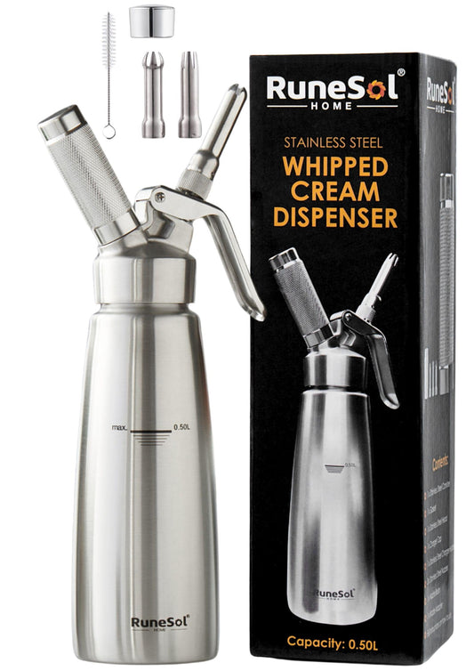 Runesol Cream Dispenser Stainless Steel 500ml, Leak-proof Easy-to-Clean Cream Whipper, Professional Dessert Whipped Cream Dispenser with 3 Decorating Tips, Whipped Cream Maker Whip Cream Dispenser.