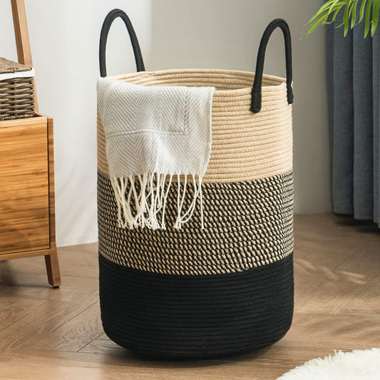 YOUDENOVA Woven Laundry Basket Toy Storage Basket with Handle Handmade from Cotton Z-Brown Black