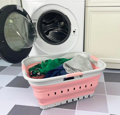 SAMMART 42L Plastic Foldable Laundry Basket - Foldable Pop-Up Storage Container/Organizer - Portable laundry hamper - space-saving (1, Gray/Quartz Pink)