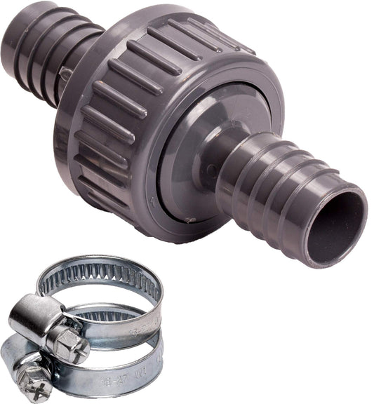 Check valve 21mm, set of 2 hose clamps, for water & air, prevents backflow of wastewater from washing machine, 3/4 inch.
