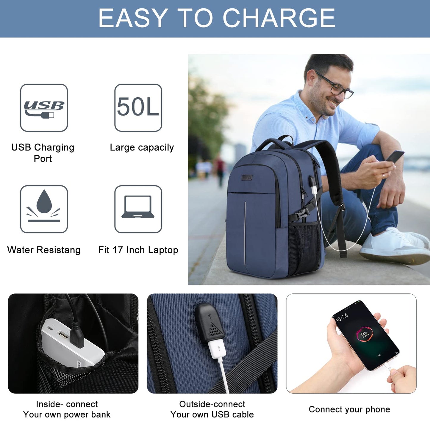 LOWA 17.3 Inch Laptop Backpack Men 50L,Extra Large Waterproof Work Backpack,Anti Theft Business Travel Laptop Bag with USB Charging Port Notebook Bag School Backpack Men Women - Blue