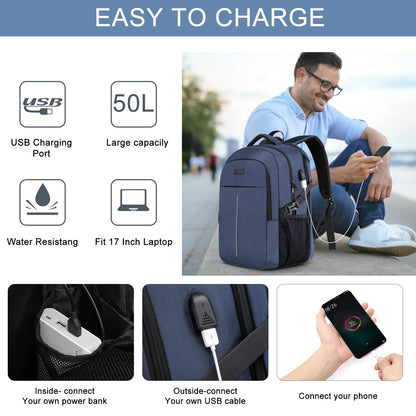LOWA 17.3 Inch Laptop Backpack Men 50L,Extra Large Waterproof Work Backpack,Anti Theft Business Travel Laptop Bag with USB Charging Port Notebook Bag School Backpack Men Women - Blue