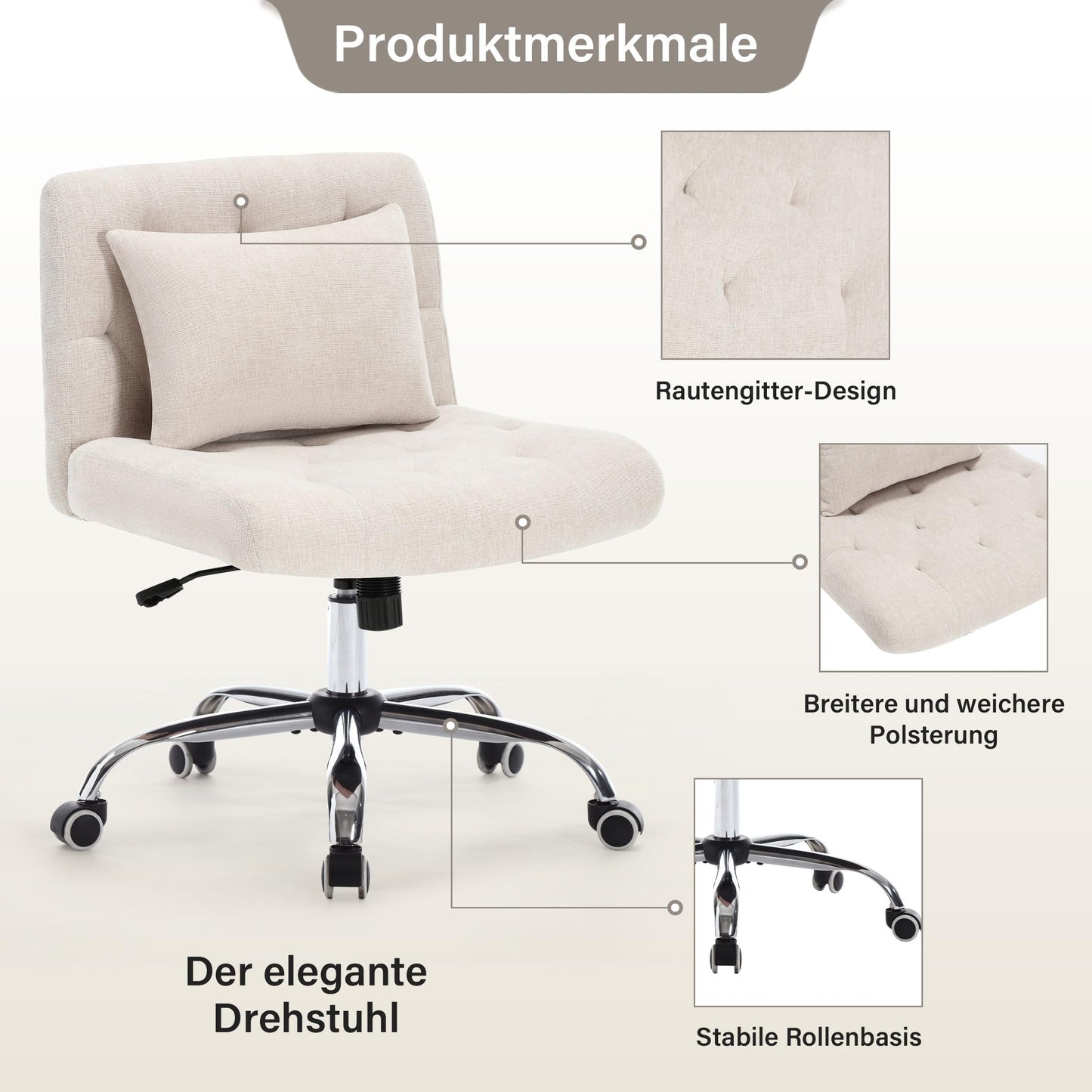 WOLMICS Cross-Legged Chair, Desk Chair with Lumbar Pillow, Criss Cross Chair for Girls, Armless Office Chair made of Linen, Makeup Chair 160KG Capacity, Swivel Chair for Bedroom