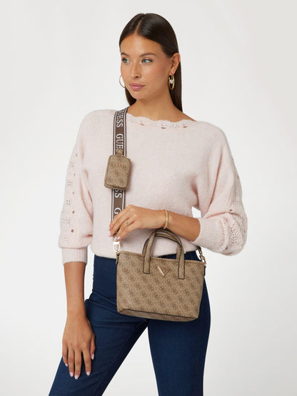 GUESS Women's Latona Tote Mini Handbag, Shoulder Bag, Latte Logo