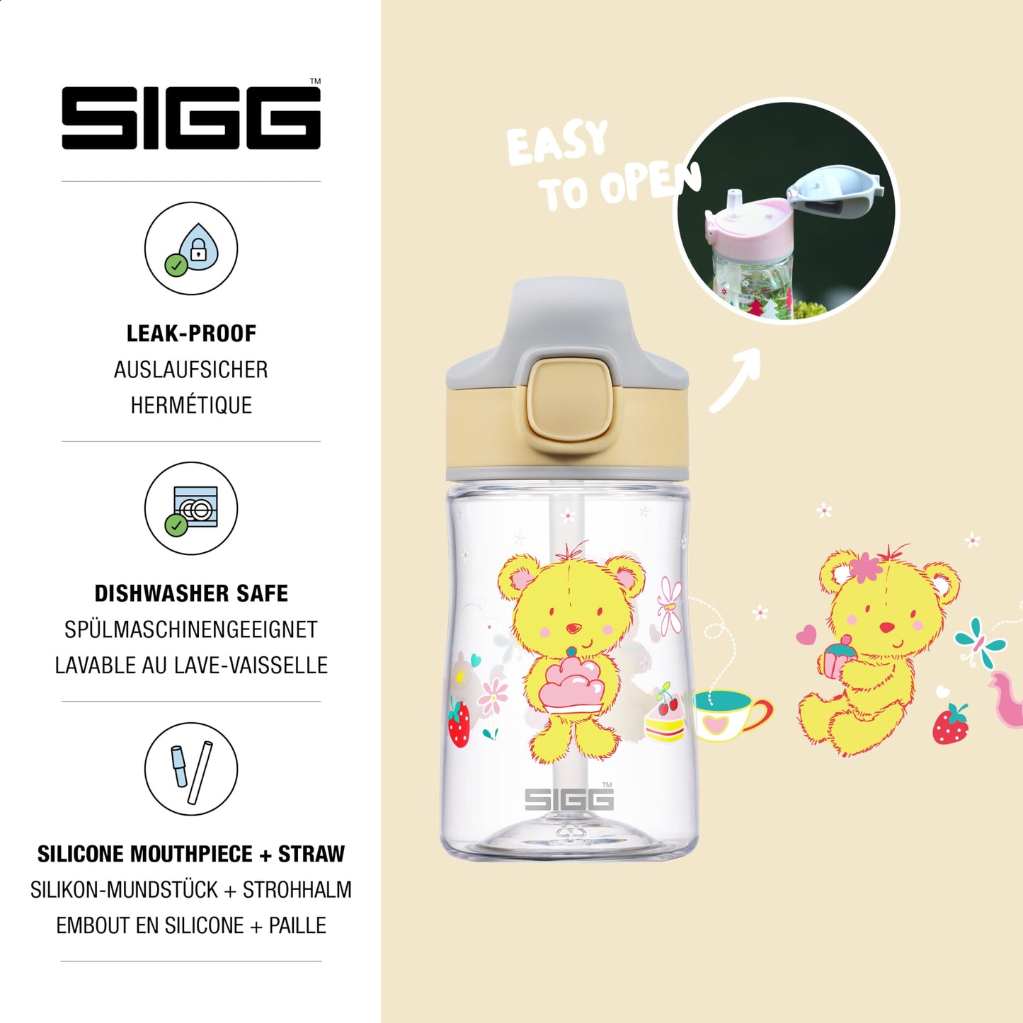 SIGG - Tritan Kids Water Bottle - Miracle Furry - With Straw - Leak-proof - Dishwasher safe - Microwave safe - Scratch-resistant - BPA-free - School & Sports - Yellow with Teddy Bear - 0.35L