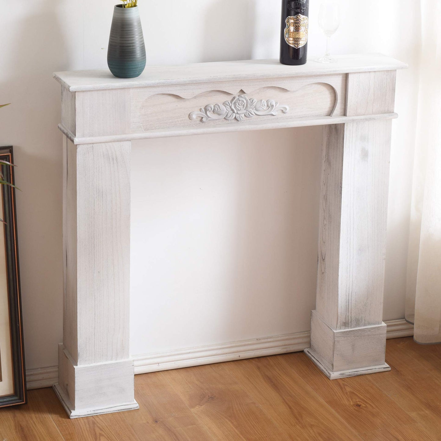 Rebecca Mobili decorative fireplace surround, white mantelpiece, wood, retro style, for living room, home decor ideas - Dimensions: 99 x 104 x 21 cm (HxLxD) - Item RE4865