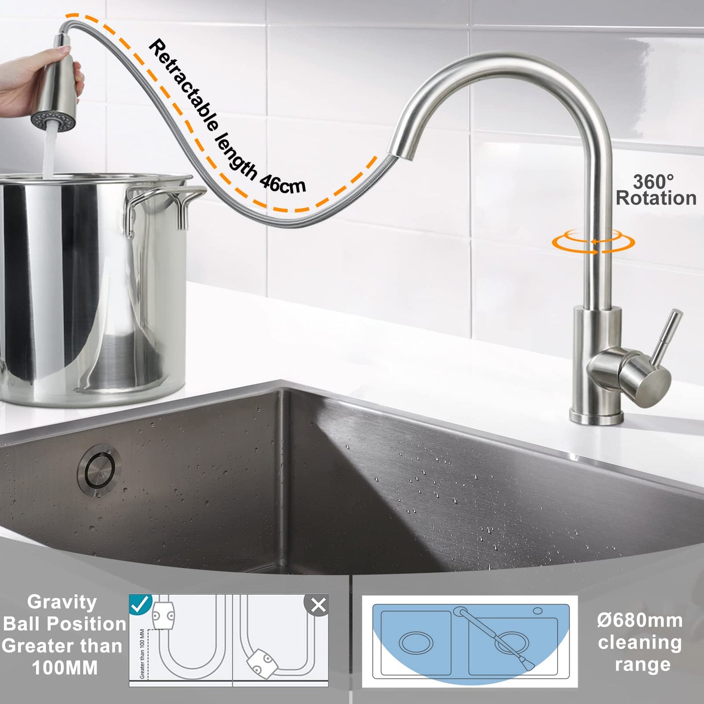 ARCORA kitchen faucet with pull-out, high-pressure kitchen tap made of stainless steel. 360° swiveling kitchen faucet mixer with 2 spray modes in brushed nickel.