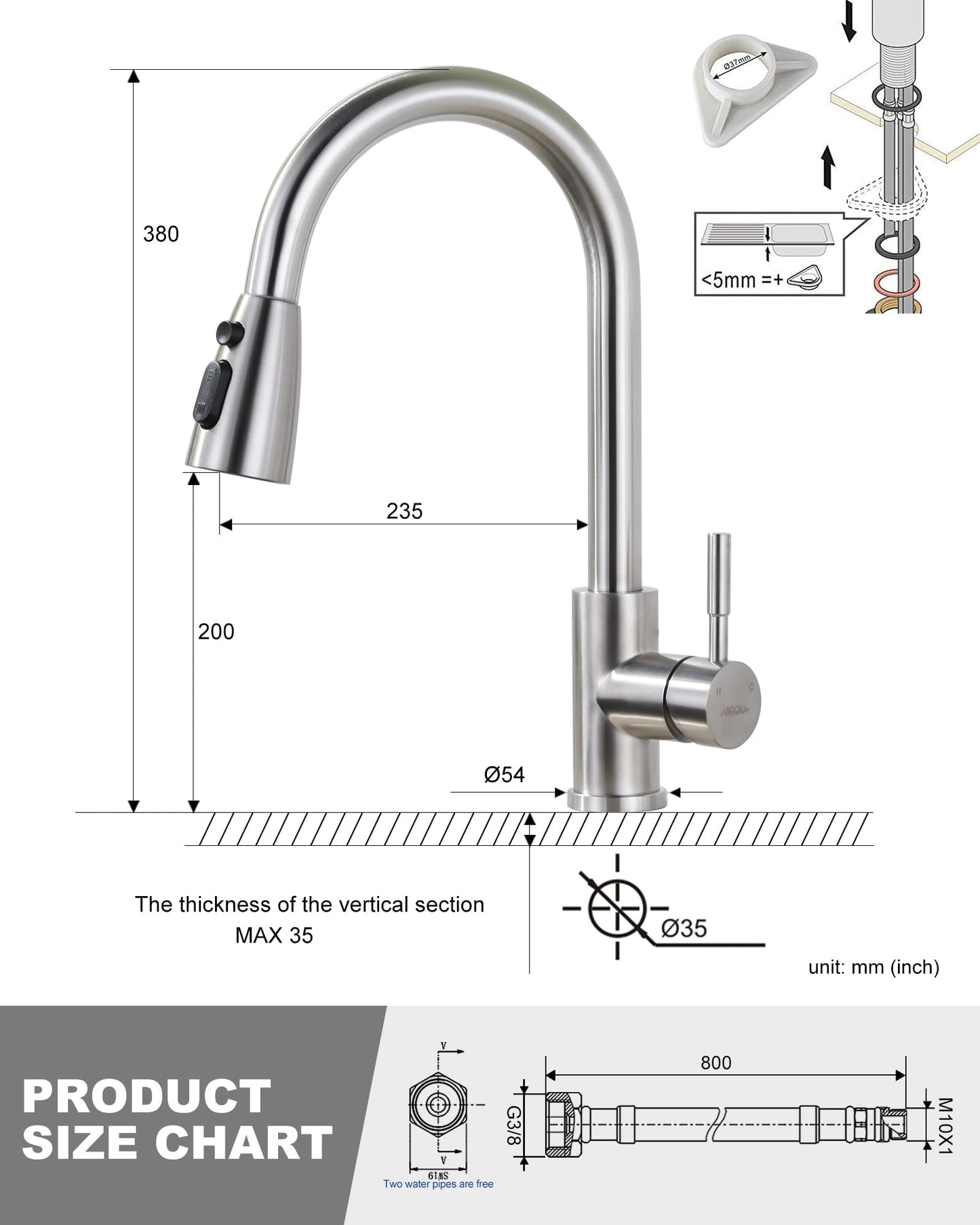 ARCORA kitchen faucet with pull-out, high-pressure kitchen tap made of stainless steel. 360° swiveling kitchen faucet mixer with 2 spray modes in brushed nickel.