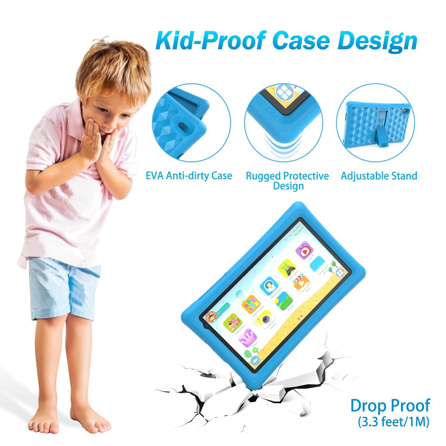 BENEVE Kids Tablet, 7-inch tablet for kids toddlers, Android kids tablet with 2GB+32GB, parental control, Bluetooth, WiFi, dual camera, pre-installed Google Play Store.