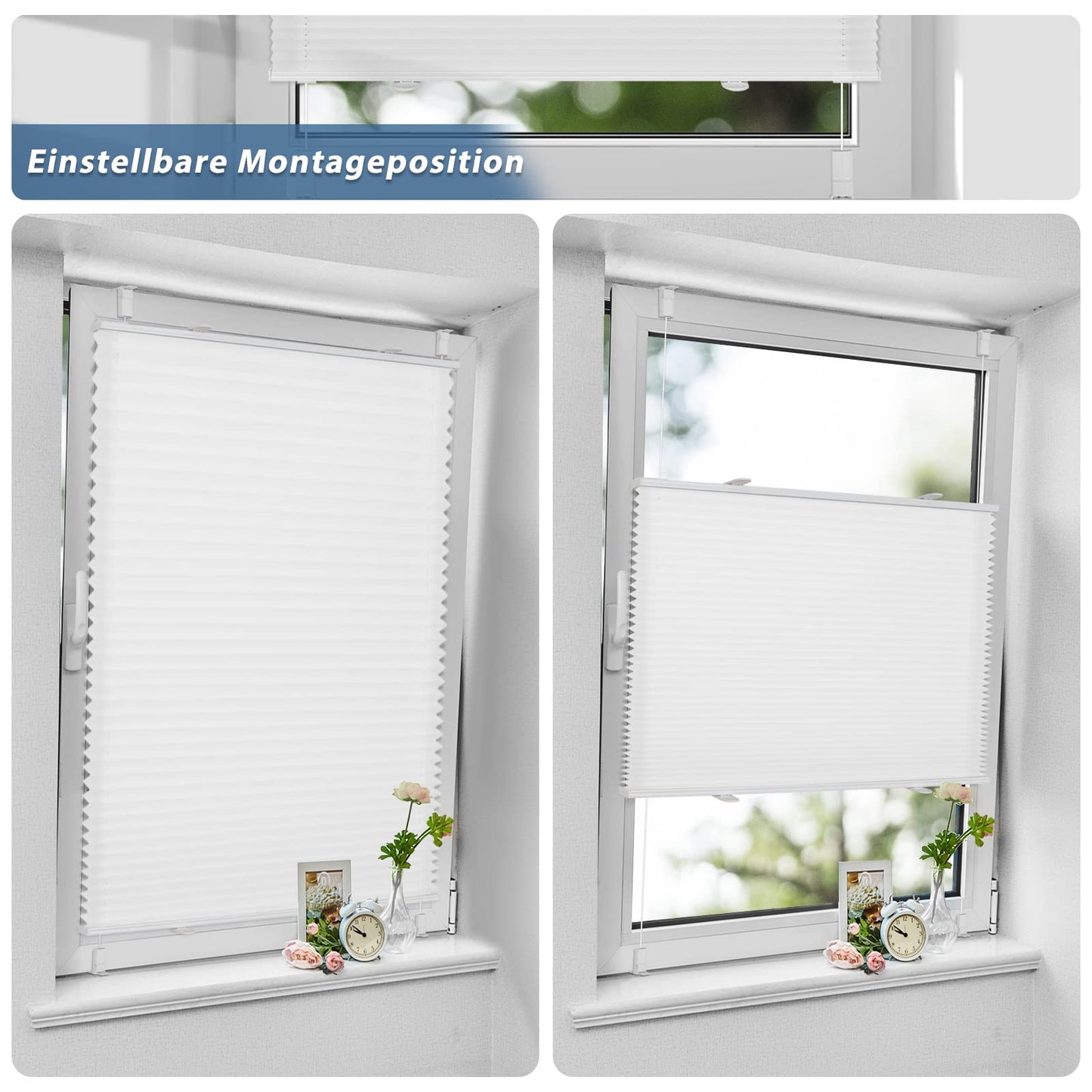 Sanfree Pleated Clip-Fix Pleated Blind Without Drilling White W60 x H120cm including Clamp Holder Opaque and light-permeable blind Foldable blind for windows & doors Privacy and sun protection blind
