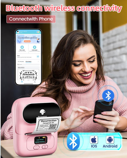 Phomemo M110 Bluetooth label printer, portable label maker with 3 label rolls, barcode printer for retail, office, and small businesses, for phones & PC - Pink.