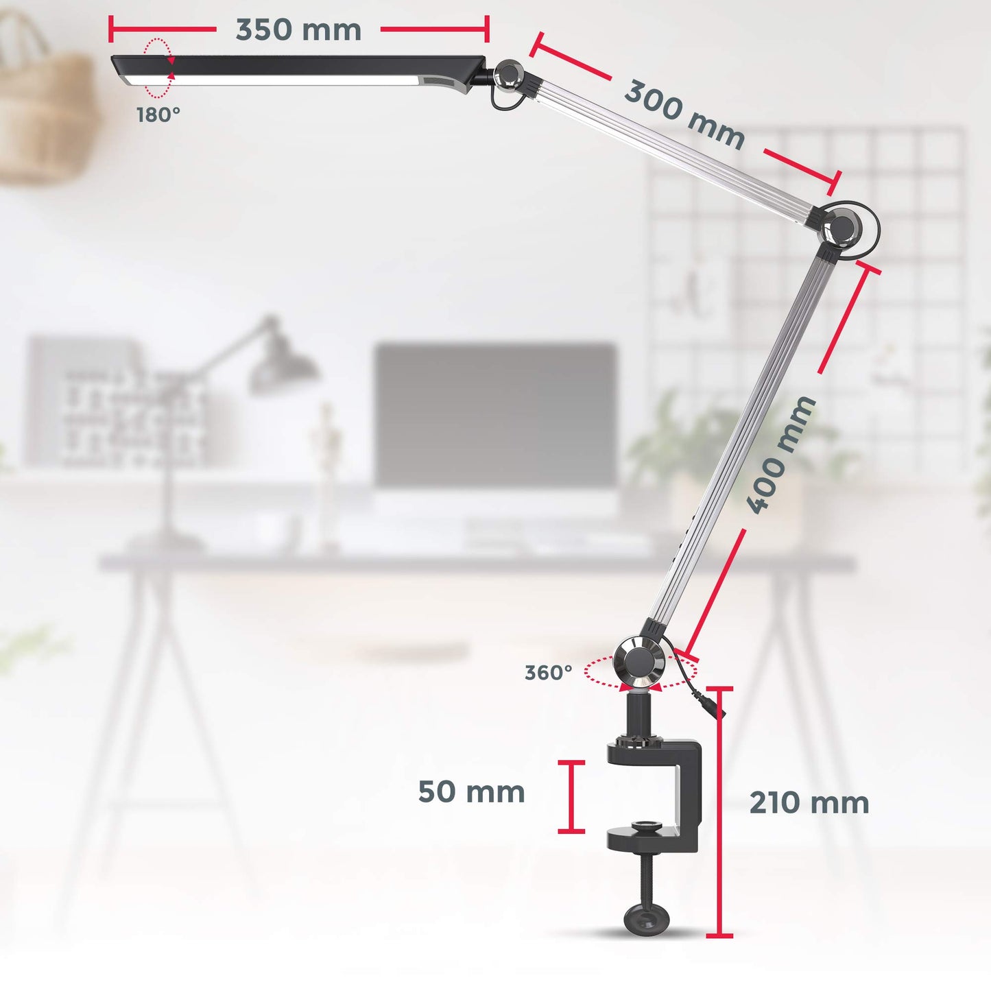 B.K.Licht - Desk lamp adjustable from warm white to cool white, swiveling, touch, clip-on lamp, clip-on light, bedside lamp, reading light for children, office lamp, reading lamp, 66.7x70.3 cm, Black