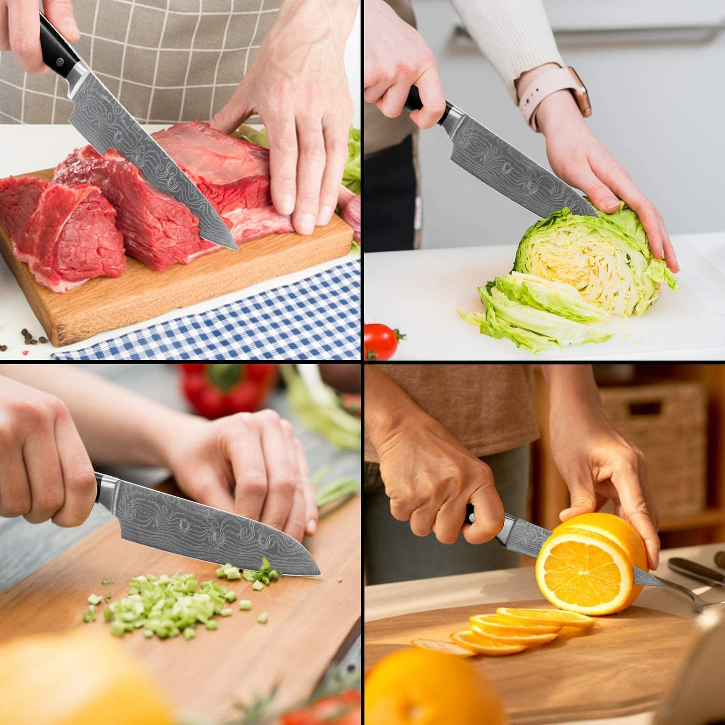 HUIKAILI Knife Set, Professional Stainless Steel Kitchen Knife Set, Sharp, Non-Slip, Frosted Handle, with Chef's Knife, Knife Sharpener, 2 Santoku Knives, and Paring Knife