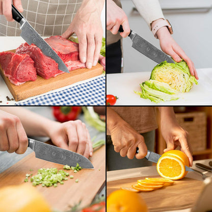 HUIKAILI Knife Set, Professional Stainless Steel Kitchen Knife Set, Sharp, Non-Slip, Frosted Handle, with Chef's Knife, Knife Sharpener, 2 Santoku Knives, and Paring Knife