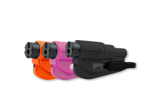 RESQME 3-pack family set, the original emergency keychain car escape tool, 2-in-1 seatbelt cutter and window breaker, Made in USA, Orange, Black, Pink.