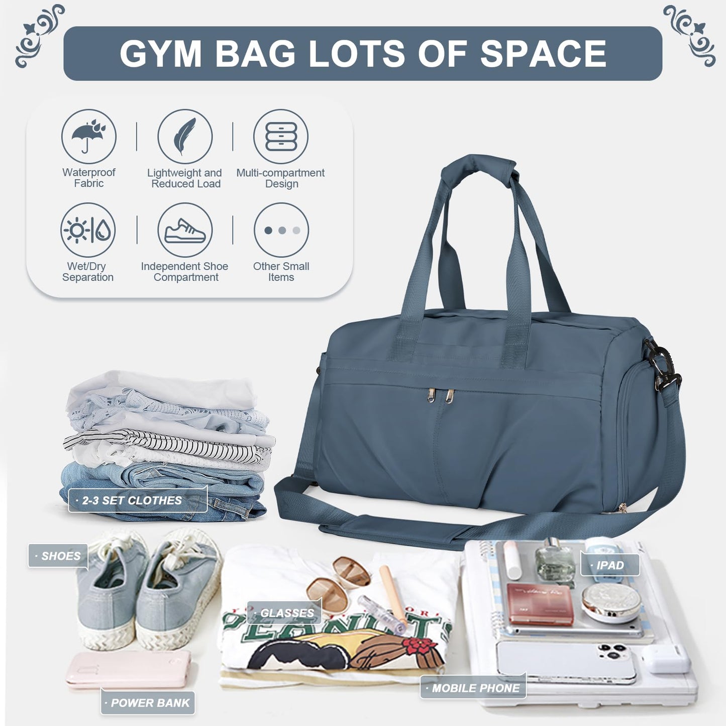 HYC00 Sport Duffel Bag Women's Gym Bag with Shoe Compartment, Travel Bag, Weekender, Carry-on Bag for Plane, Fitness Bag, Swim Bag, Training Bag, Overnight Bag, Royal Blue.