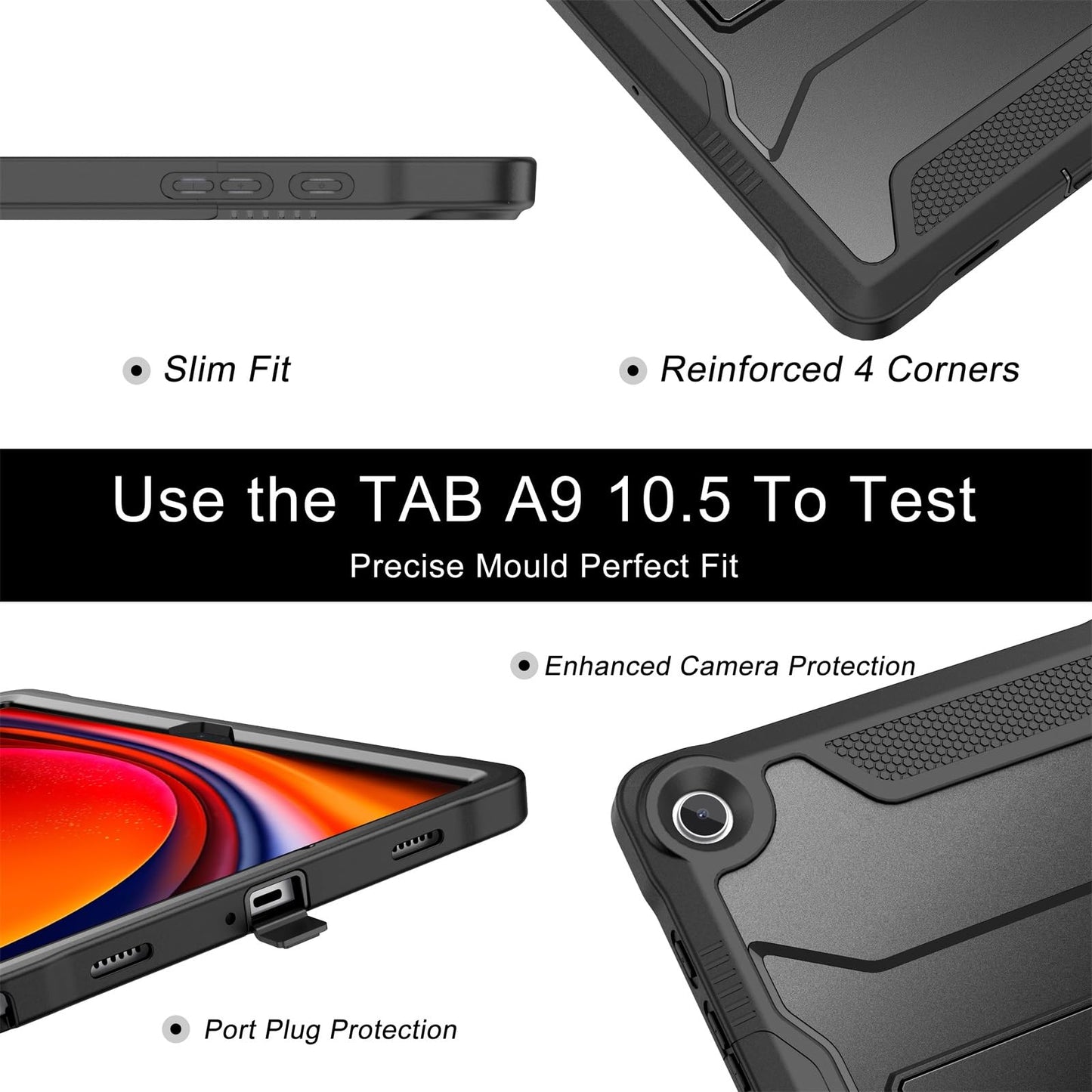 Shockproof case for Samsung Galaxy Tab A9 Plus 2023 with built-in screen protector and stand, sturdy full body protective case for Galaxy Tab A9+ 11-inch tablet [SM-X210/X216/X218], Black.