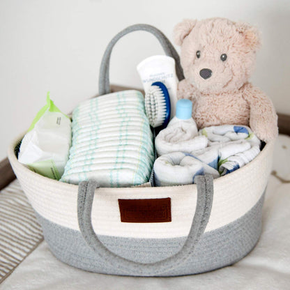 All Kids United Baby Changing Organizer; Diaper Caddy Baby Basket Changing Bag for diapers & changing essentials, portable shopping bag shopper diaper storage basket made from 100% cotton linen.