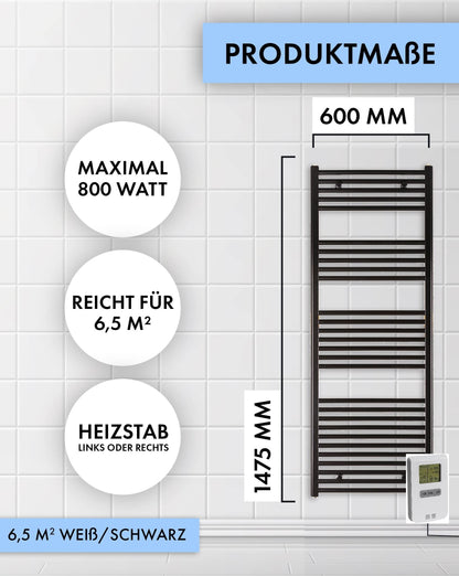 anapont electric towel heater 1475x600 - white straight - timer function - towel radiator - electric bathroom heater - towel warmer - Made in Germany