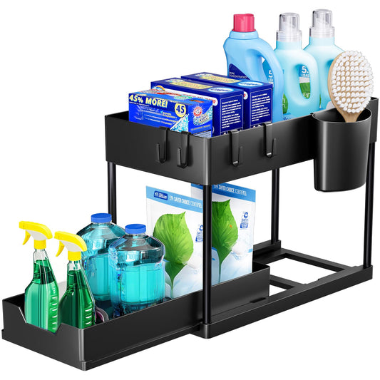 Puricon under sink shelf cabinet organizer, 2-tier countertop kitchen rack organizer, multifunctional spice rack under cabinet shelf sink rack - Black