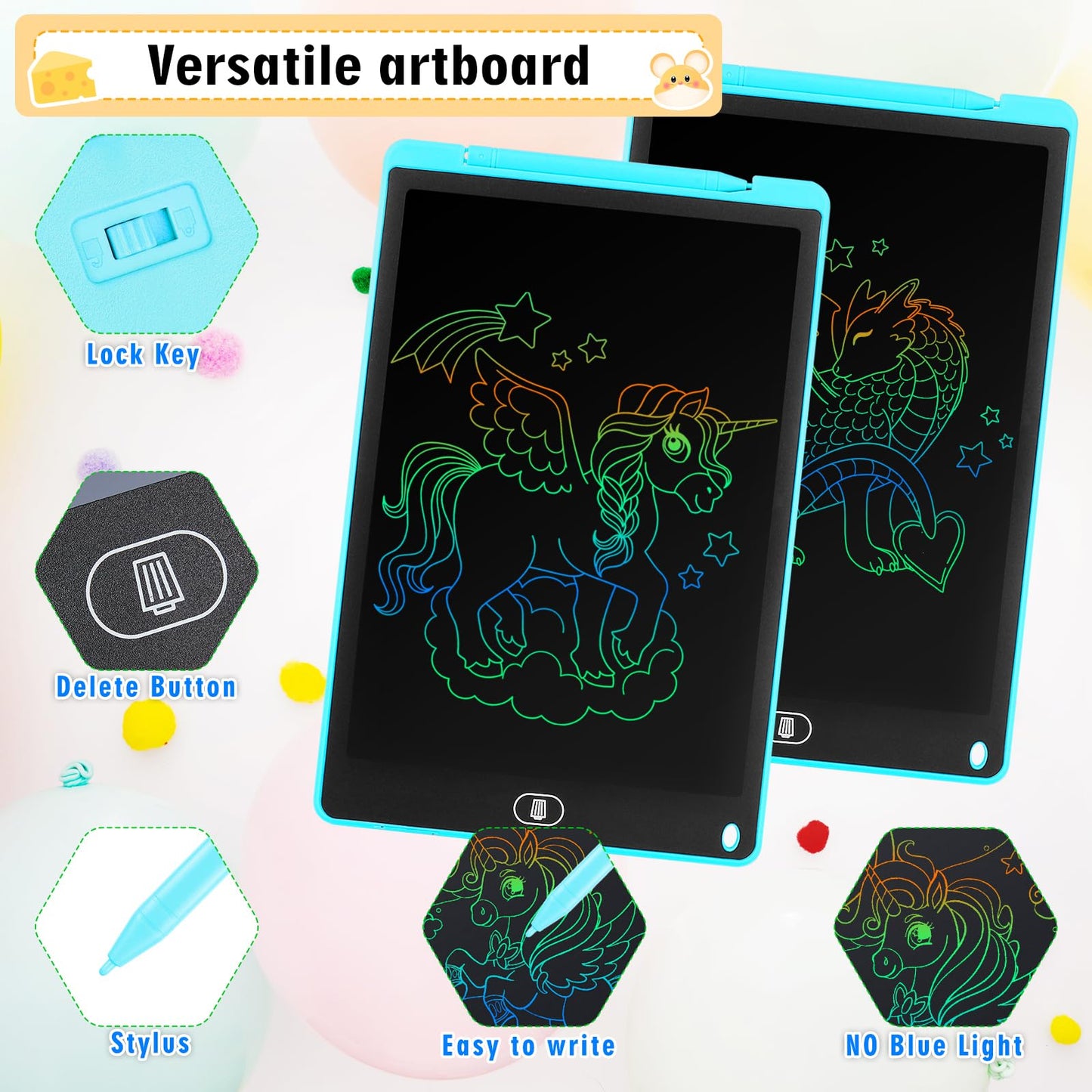 Damcyer 2 Pack-12 Inch LCD Writing Tablet for Kids, LCD Magic Board with Animal Stickers, Reusable Drawing Pad for Kids and Adults Birthday Gifts Toy, Blue + Blue