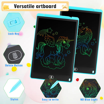 Damcyer 2 Pack-12 Inch LCD Writing Tablet for Kids, LCD Magic Board with Animal Stickers, Reusable Drawing Pad for Kids and Adults Birthday Gifts Toy, Blue + Blue