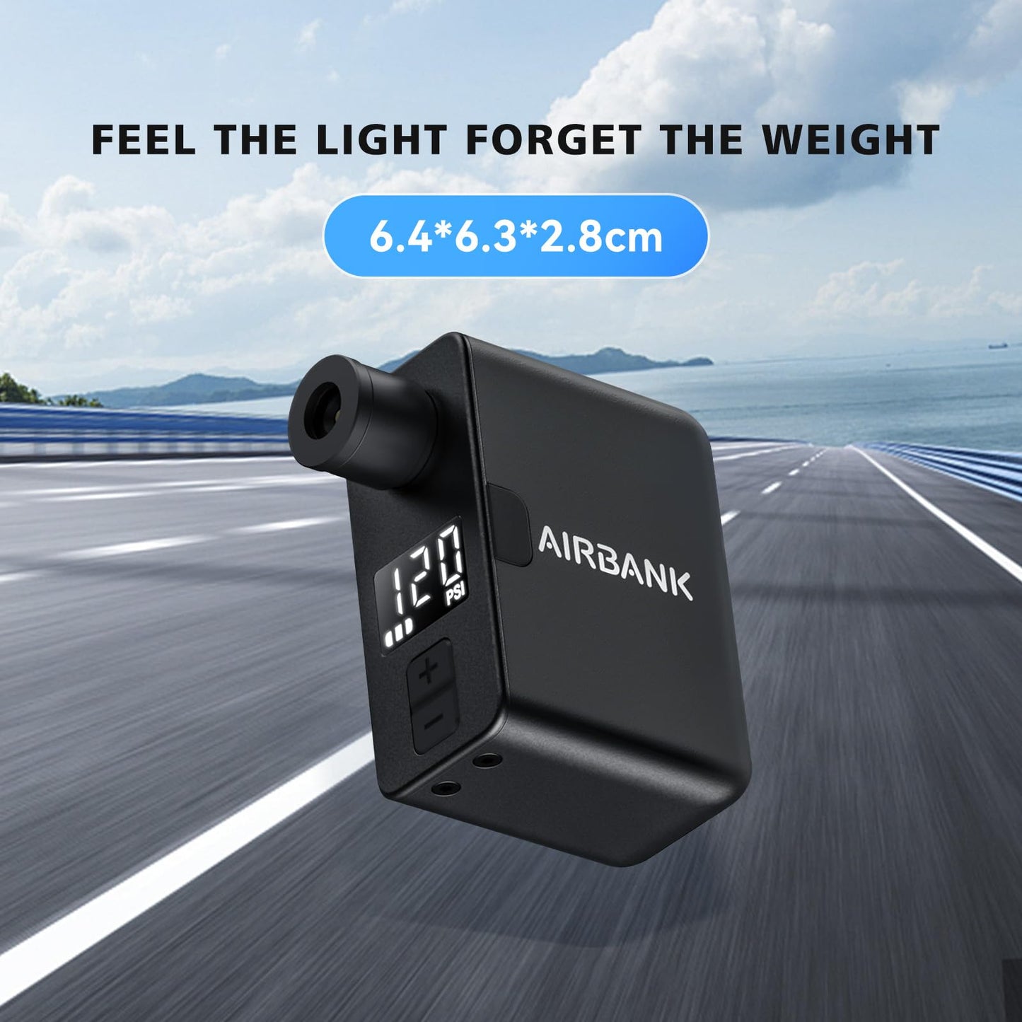 AIRBANK Electric Bike Pump Pocket PRO, 120PSI Mini Bike Inflator, cordless bike pump with rechargeable battery for Shrader and Presta valves.
