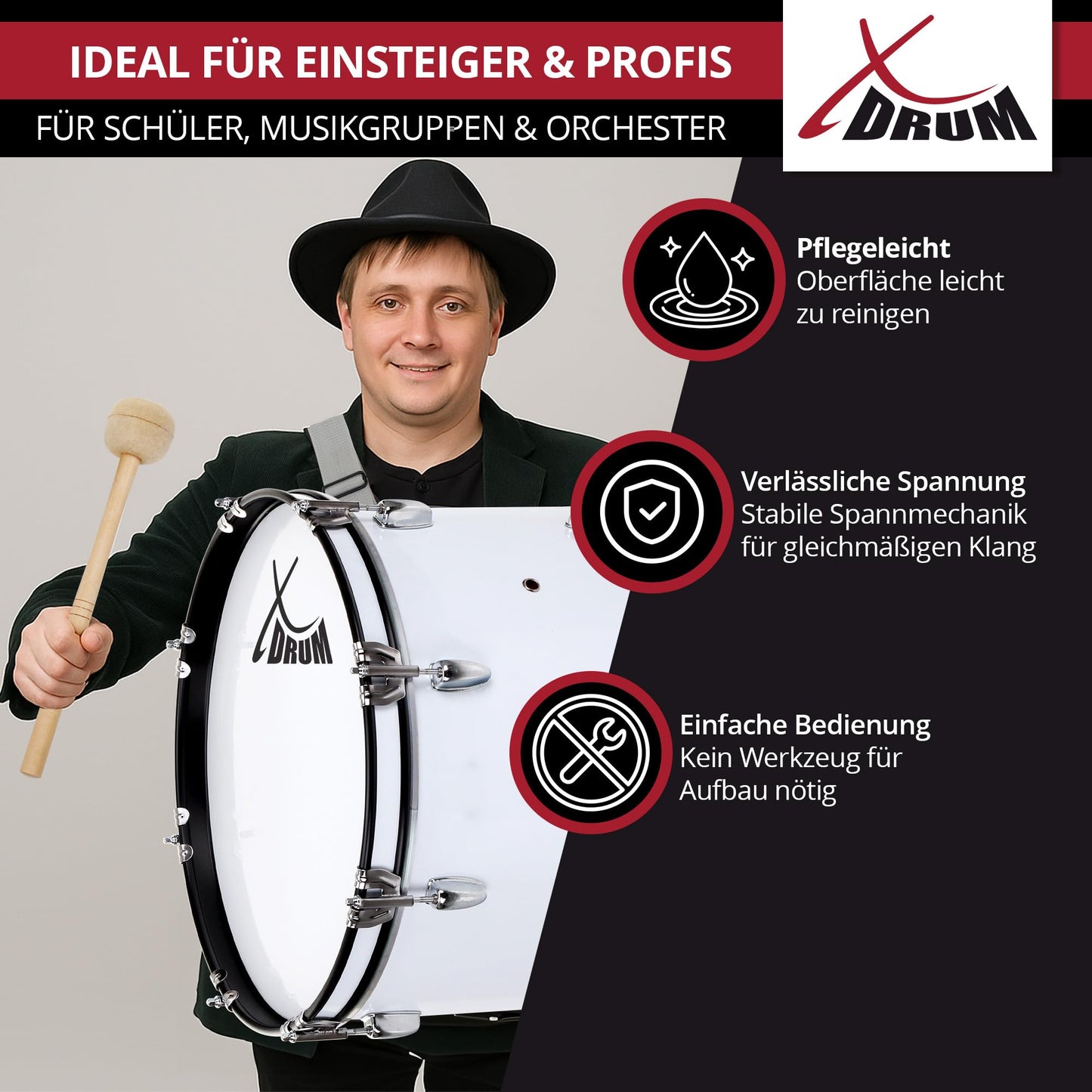 XDrum MBD-226 Marching Bass Drum, Football Drum 26" x 12" (10.5 kg, 4 eyelets, tension rods, includes pair of mallets, carrying straps, tuning key) white