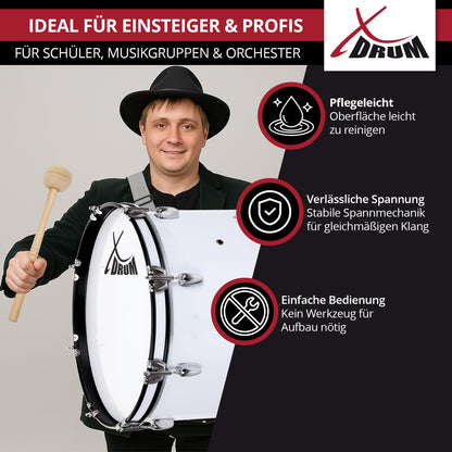 XDrum MBD-226 Marching Bass Drum, Football Drum 26" x 12" (10.5 kg, 4 eyelets, tension rods, includes pair of mallets, carrying straps, tuning key) white