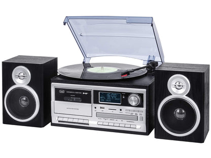 Trevi TT 1072 DAB, 33, 45, and 78 RPM vinyl record player, wireless vinyl player, CD and MP3 player, USB and SD, 25W, DAB/DAB+ FM digital radio, headphone jack, bass reflex speakers, black.