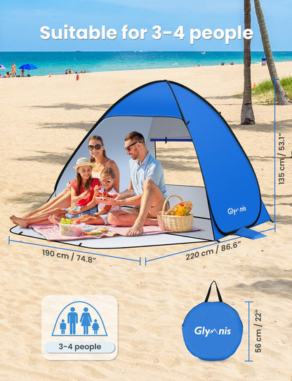 Glymnis Pop Up Beach Tent with Zipper Door UV Protection 50+ Windproof Compact Size Blue Beach Tent