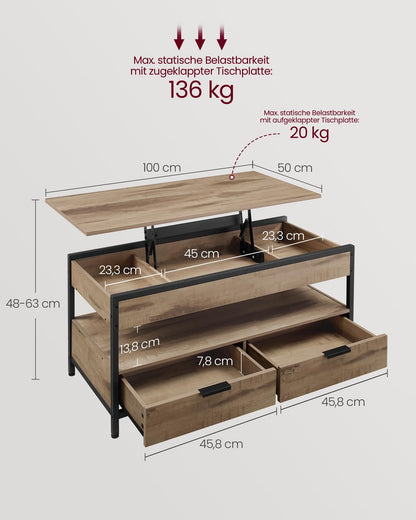 VASAGLE coffee table, adjustable living room table, with drawers, open compartment, 50 x 100 cm, camel brown-ink black LCT209K02