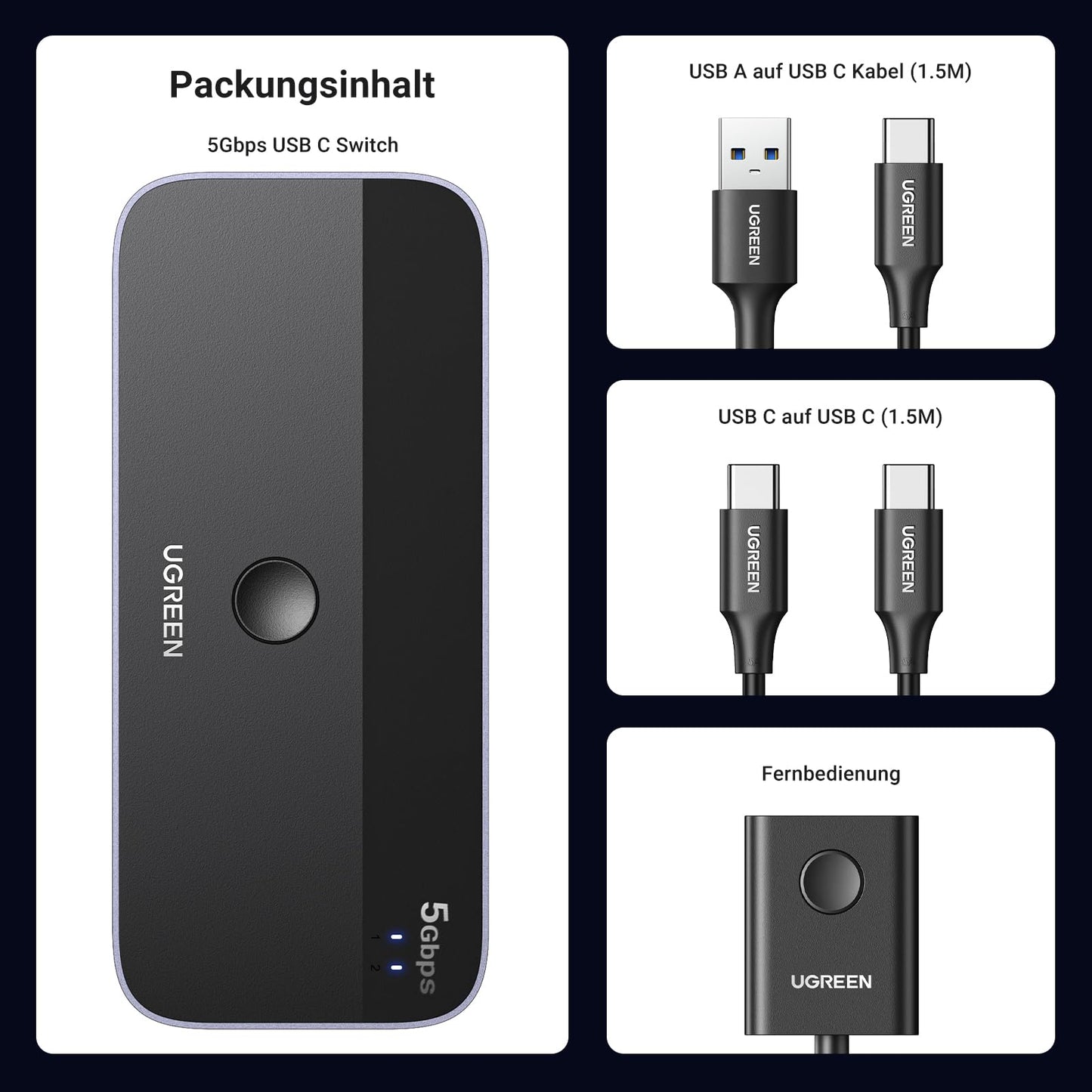 UGREEN USB C Switch 2PC USB Switch 3.0 with 1xUSB C Port and 3xUSB A Ports, 2 In 4 Out USB-C Switch USB Switch Aluminum Case with 2 USB-C to A/C cables for keyboard, mouse, printer, USB stick, etc.