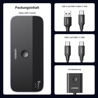 UGREEN USB C Switch 2PC USB Switch 3.0 with 1xUSB C Port and 3xUSB A Ports, 2 In 4 Out USB-C Switch USB Switch Aluminum Case with 2 USB-C to A/C cables for keyboard, mouse, printer, USB stick, etc.