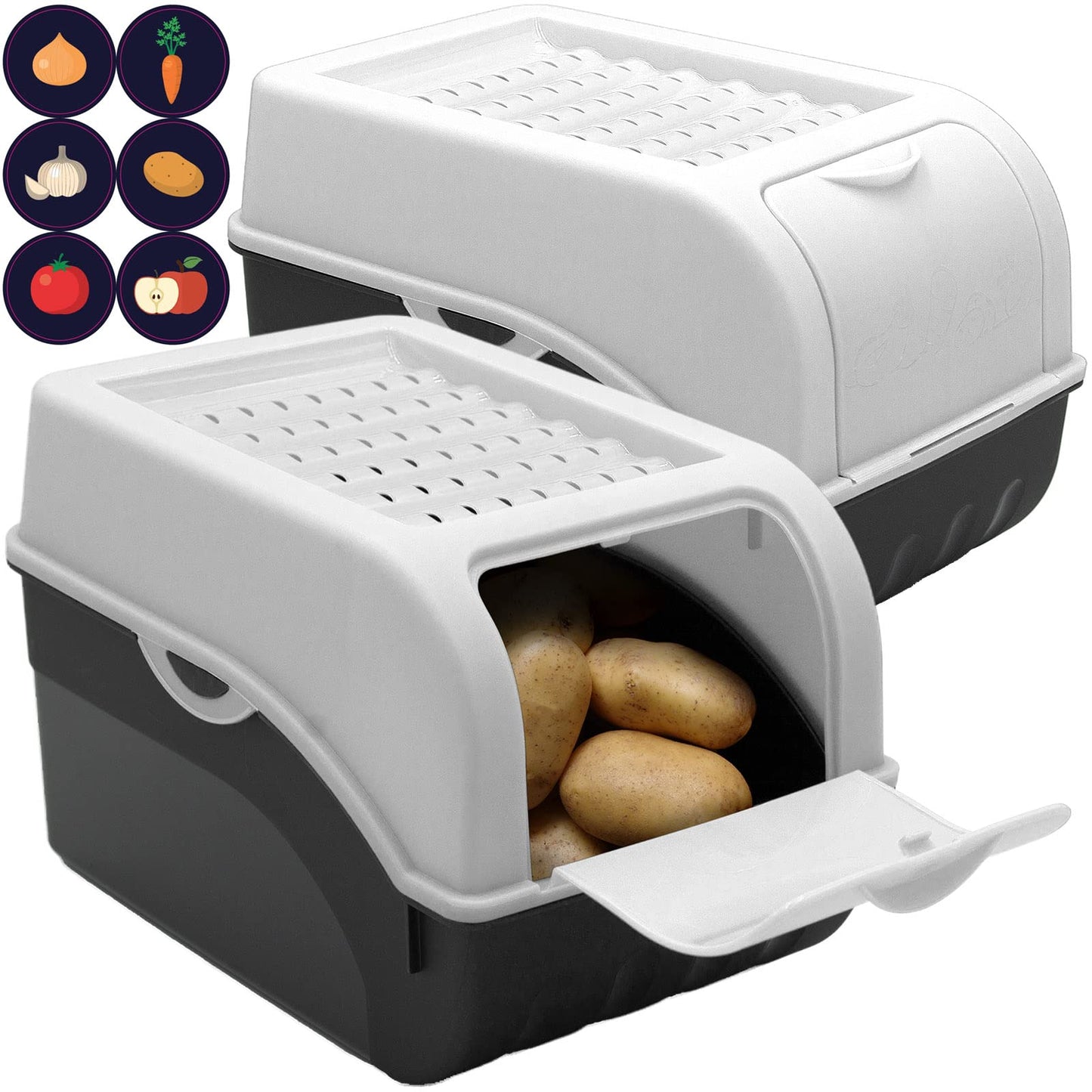 ARTECSIS Potato Storage Box white 2-pack I Vegetable box Potato box with lid for approx. 4 kg of potatoes + 6 stickers with vegetable types